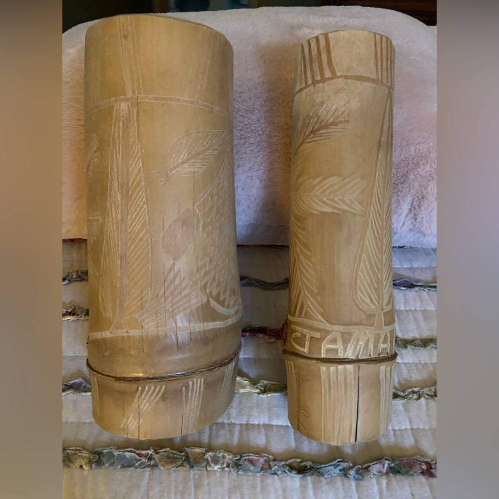 Souvenir pair of wood vases Vintage-from Jamaica